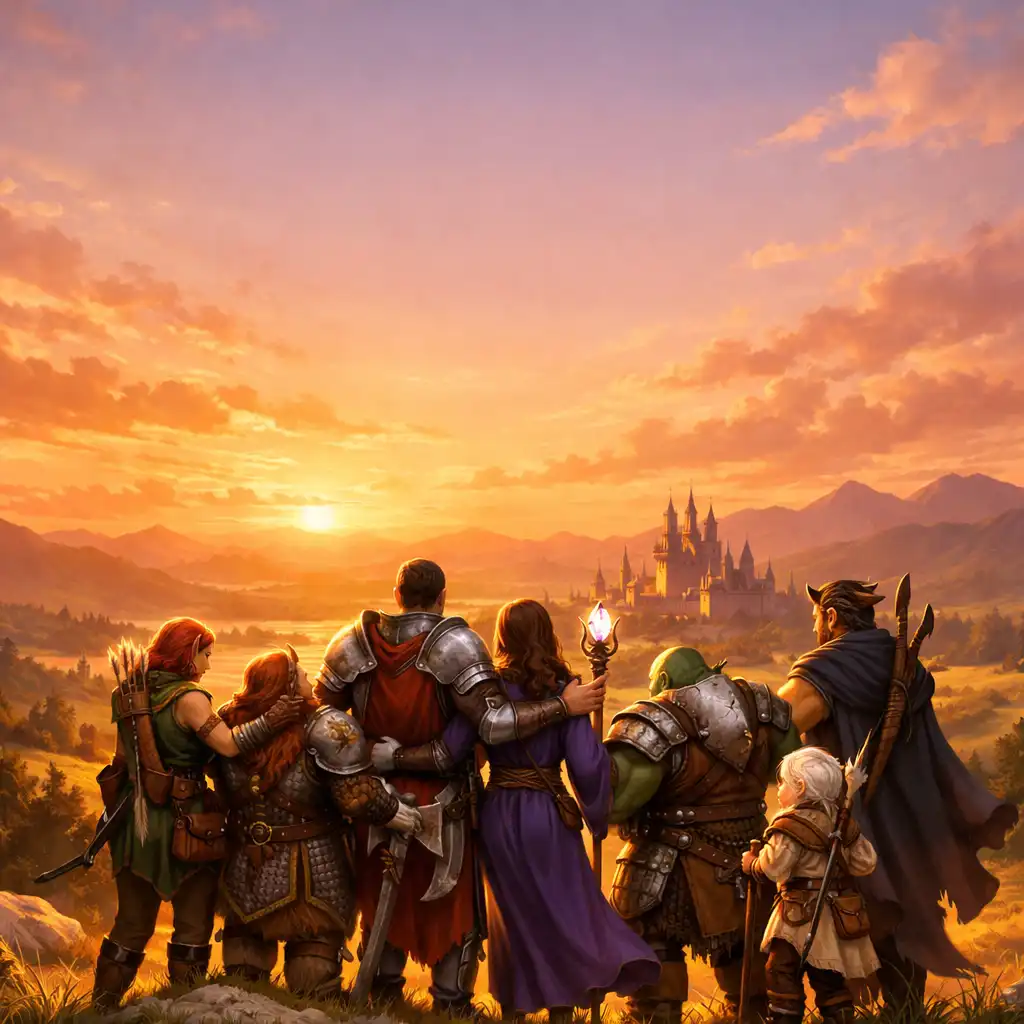 Fantasy hősök együtt egy dombon, szövetséget jelképezve