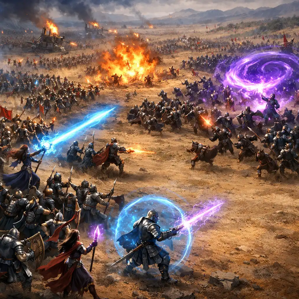 Fantasy csata jelenet hősökkel és seregekkel